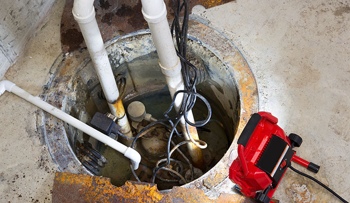 basement drainage system using pipes and pumps