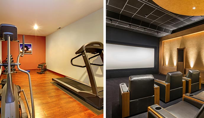 collage of basement gym, and home theater