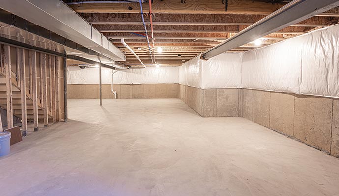 A large, unfinished basement.