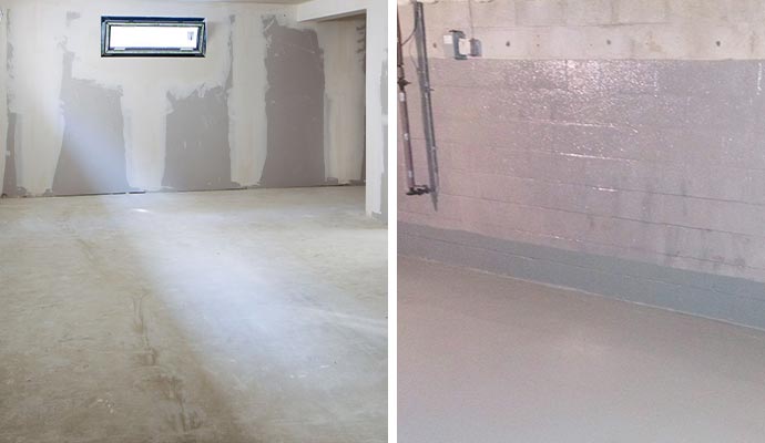 collage of basement floor and wall