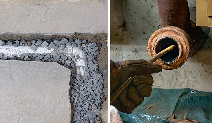 collage of interior drainage and clogged drain pipe