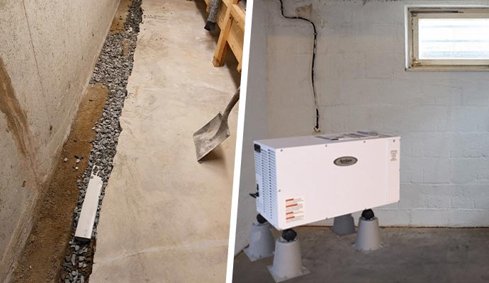 Collage of basement drainage system and dehumidification