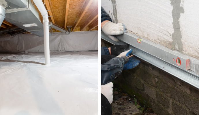 Collage of crawl space encapsulation and foundation wall repair