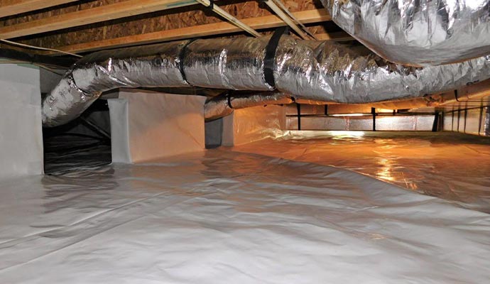 Crawl space encapsulation with ductwork.