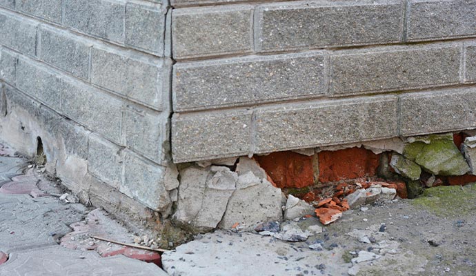 a section of a building's foundation with visible damage