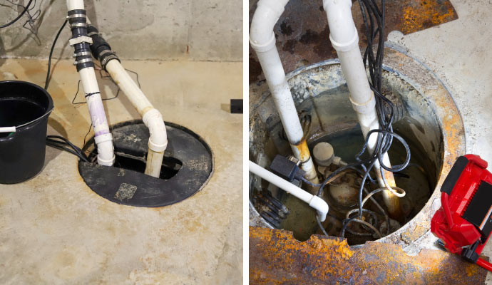 Collage of installed sump pump and sump pump maintenance