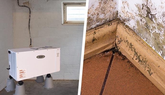 collage of dehumidifier and mold in room corner