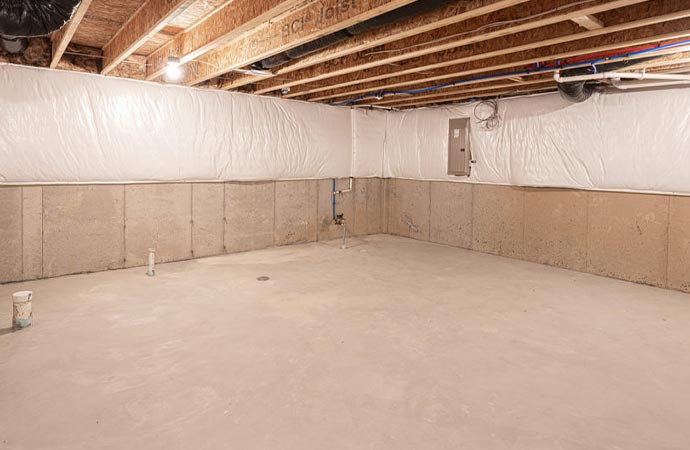 Basement with plastic-covered concrete walls