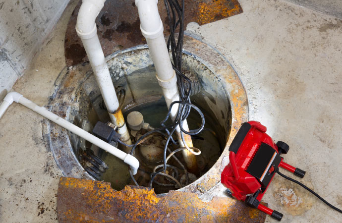 Sump pump pit with pipes, wires, and a work light