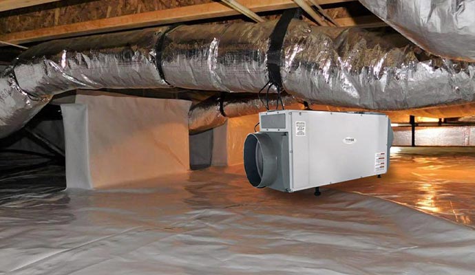 Installed dehumidification system in crawl space