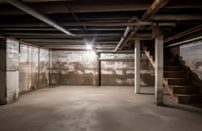 Unfinished basement with exposed beams, pipes, and stairs.